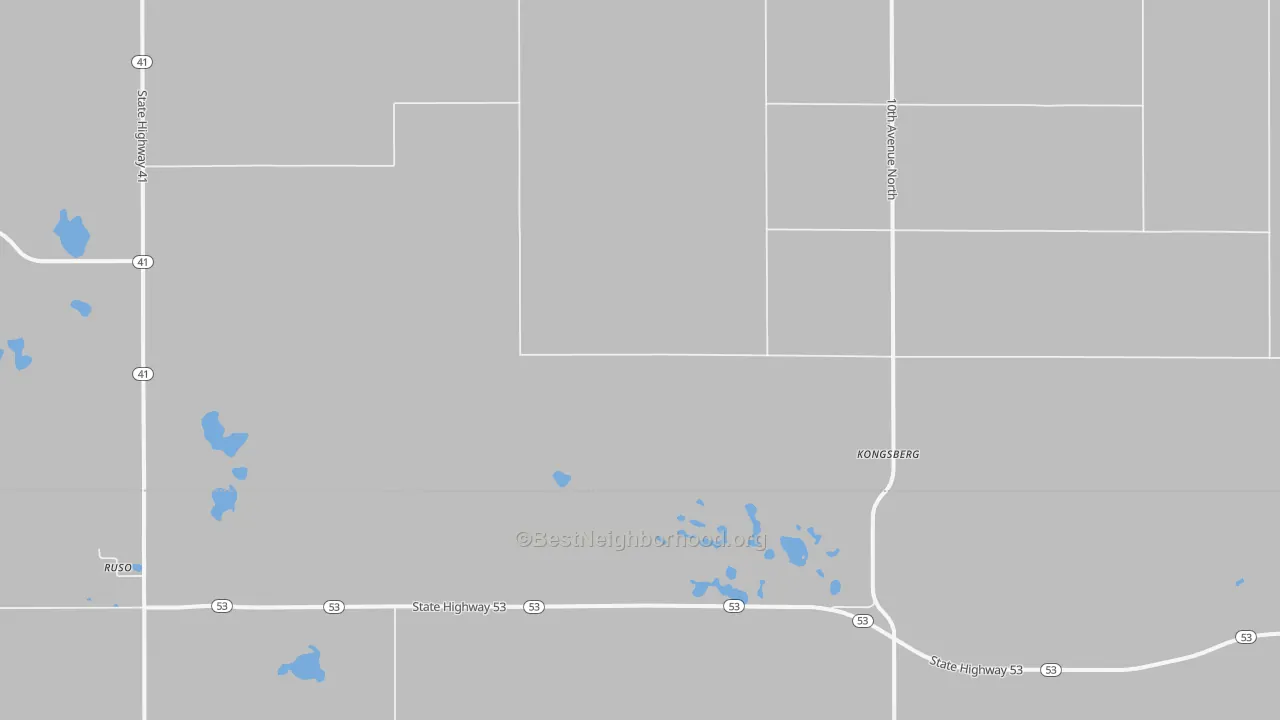 Walk Grade map of Kongsberg, ND, walkable areas in green and car-dependent areas in red