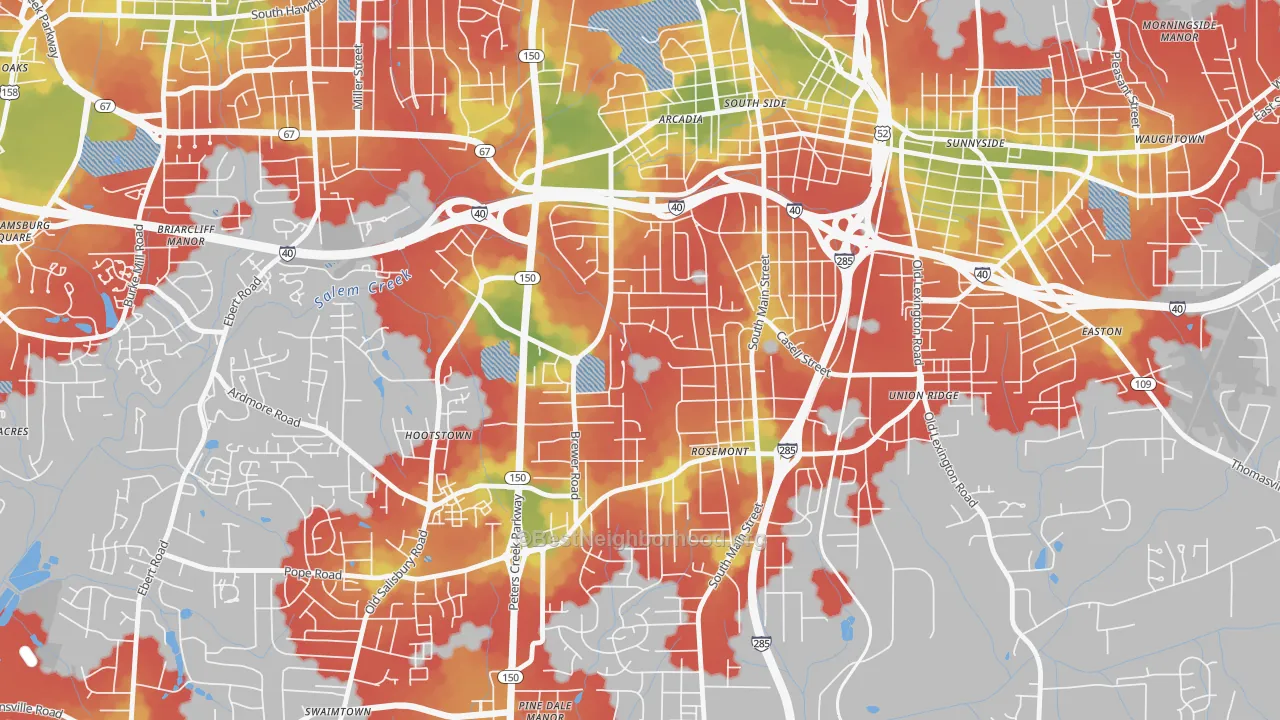 Walk Grade map of Konnoak, Winston-Salem, NC, walkable areas in green and car-dependent areas in red
