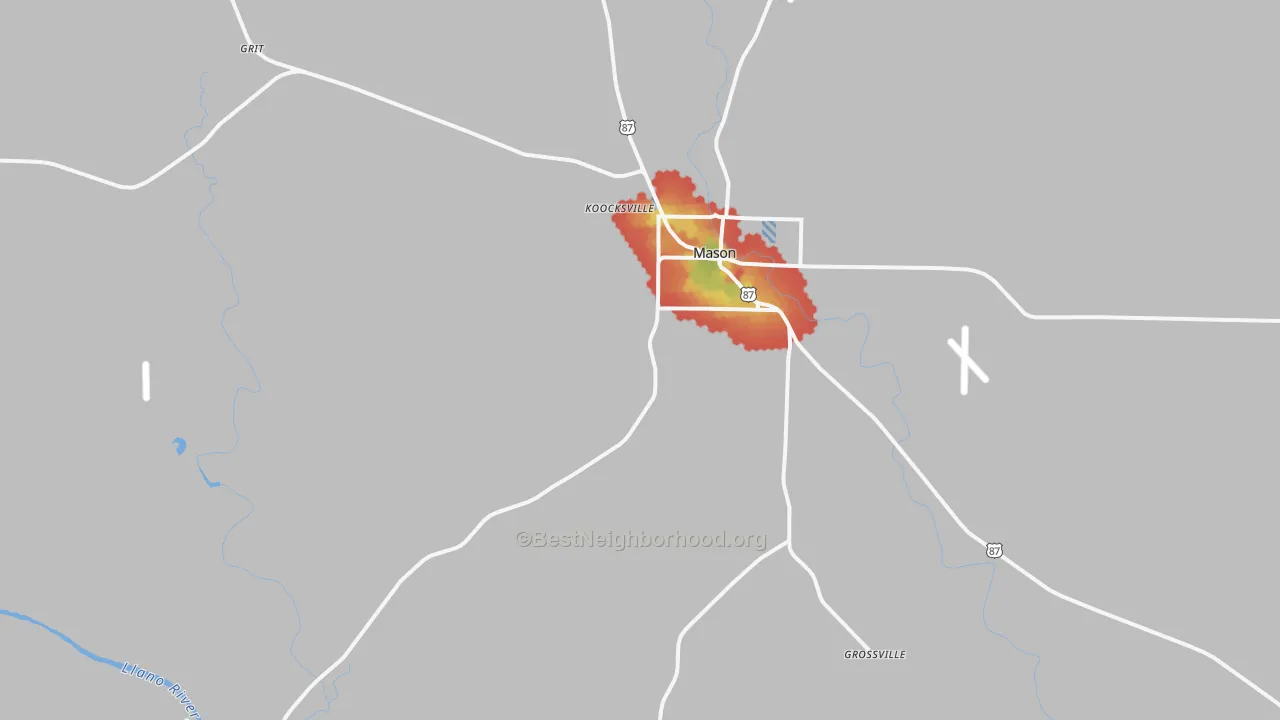 Walk Grade map of Koockville, TX, walkable areas in green and car-dependent areas in red