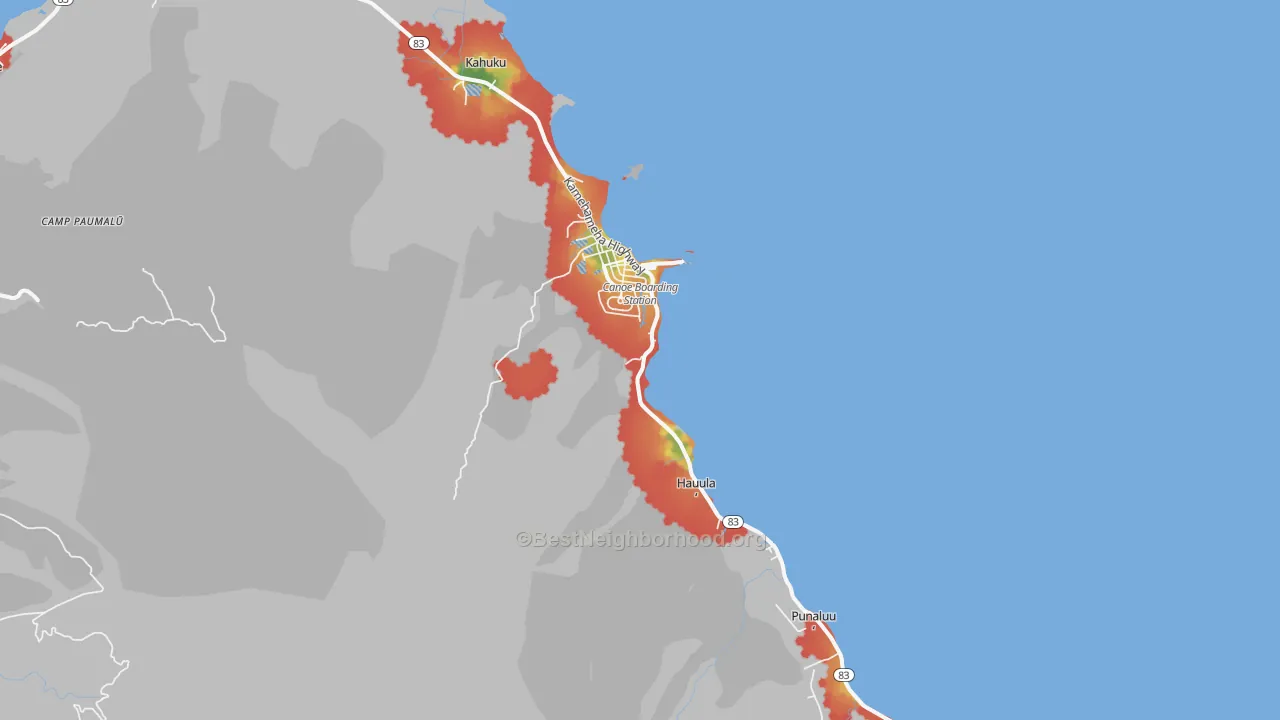 Walk Grade map of Koolauloa, Laie, HI, walkable areas in green and car-dependent areas in red