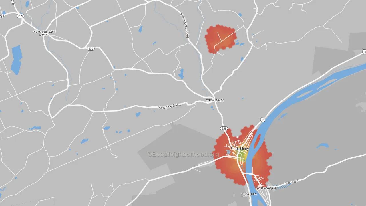 Walk Grade map of Koonsville, PA, walkable areas in green and car-dependent areas in red