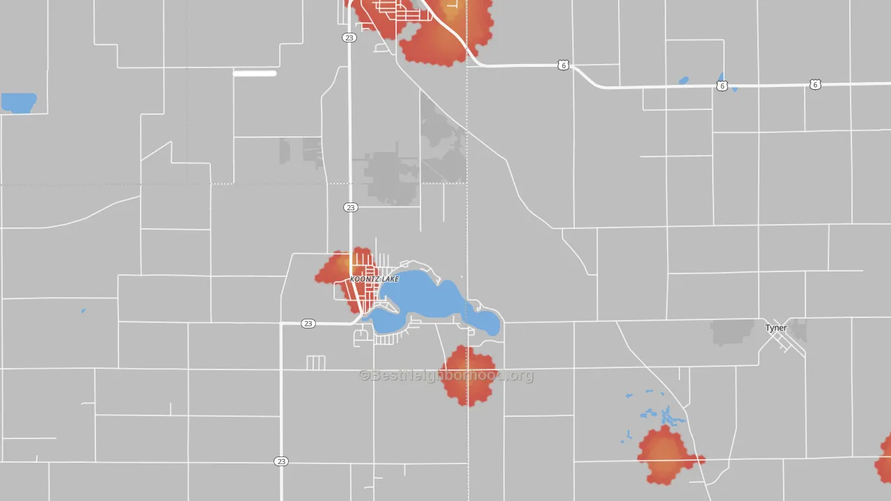 Walk Grade map of Koontz Lake, IN, walkable areas in green and car-dependent areas in red