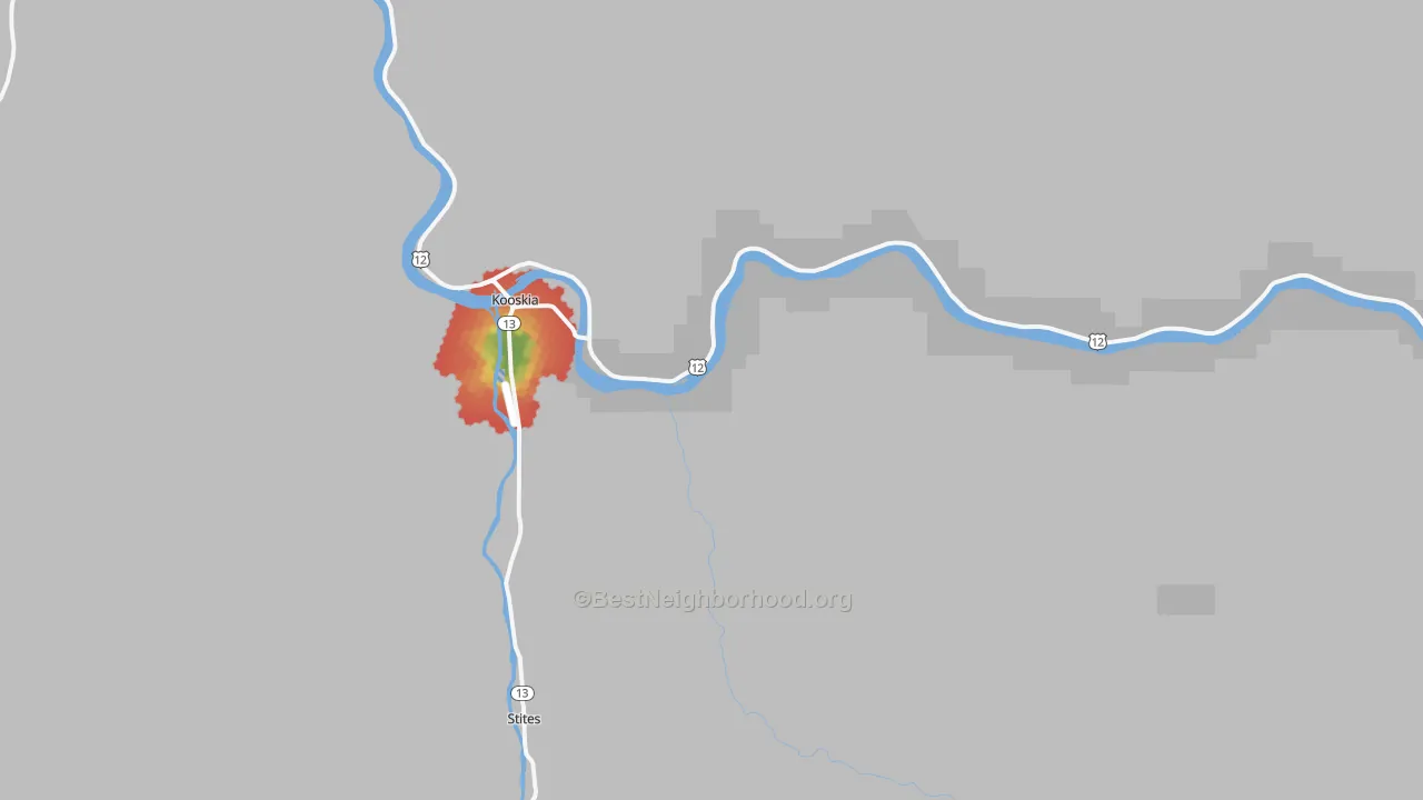 Walk Grade map of Kooskia, ID, walkable areas in green and car-dependent areas in red