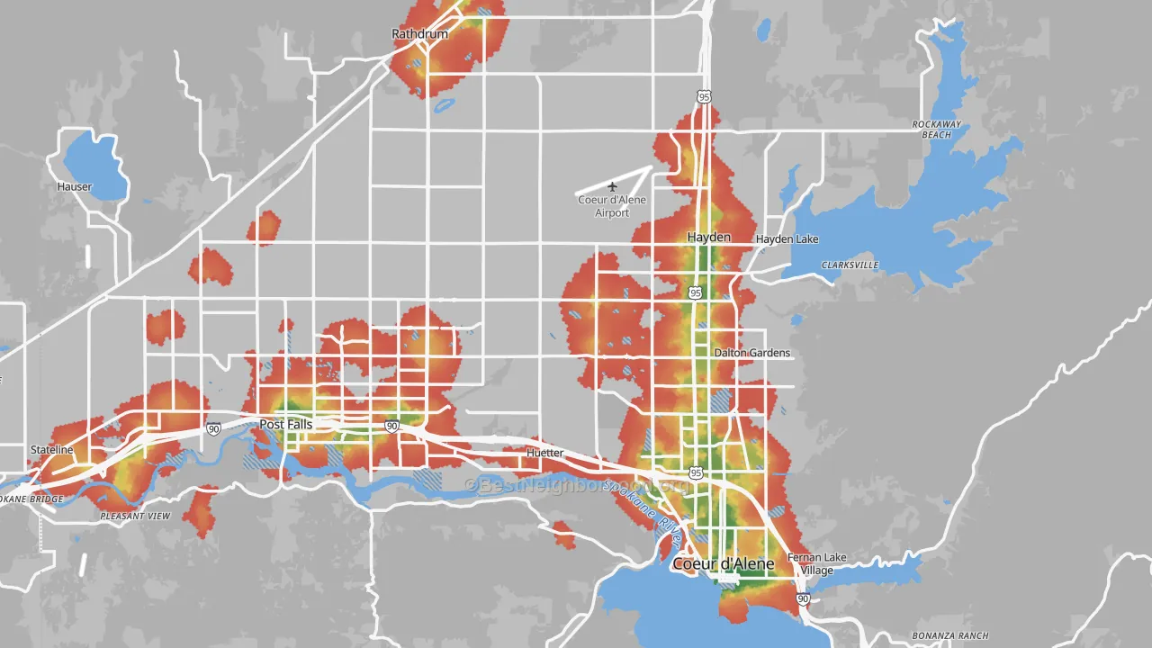 Walk Grade map of Kootenai County, ID, walkable areas in green and car-dependent areas in red