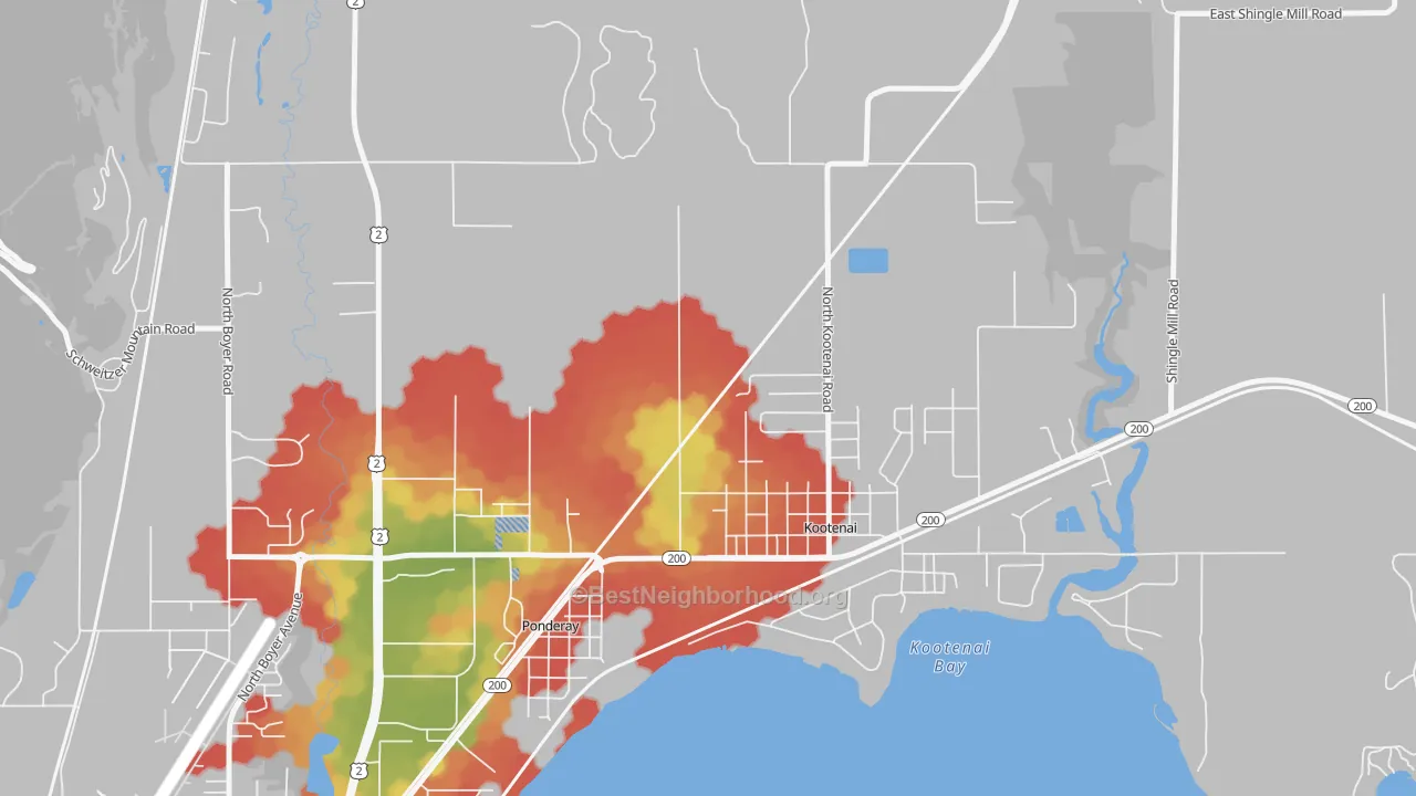 Walk Grade map of Kootenai, ID, walkable areas in green and car-dependent areas in red