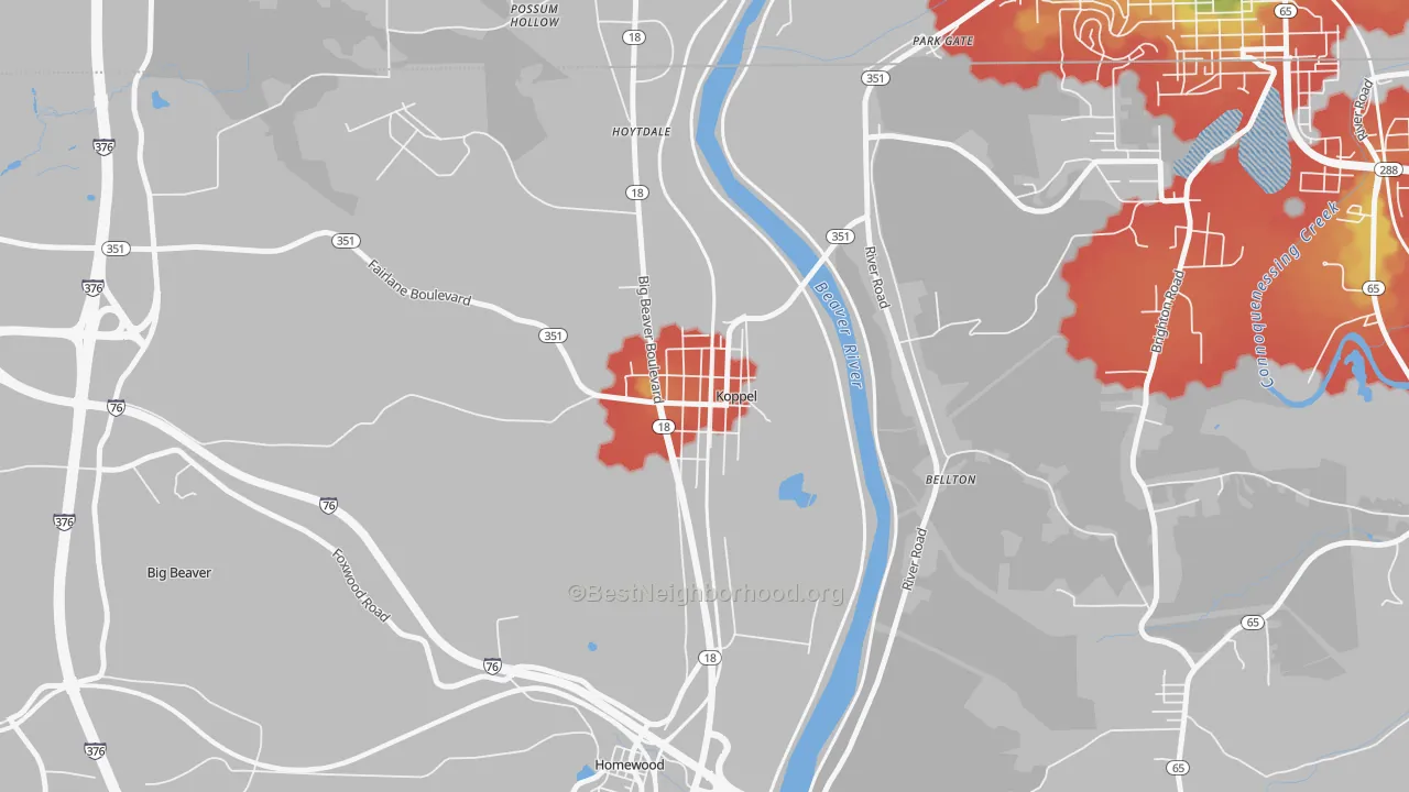 Walk Grade map of Koppel, PA, walkable areas in green and car-dependent areas in red