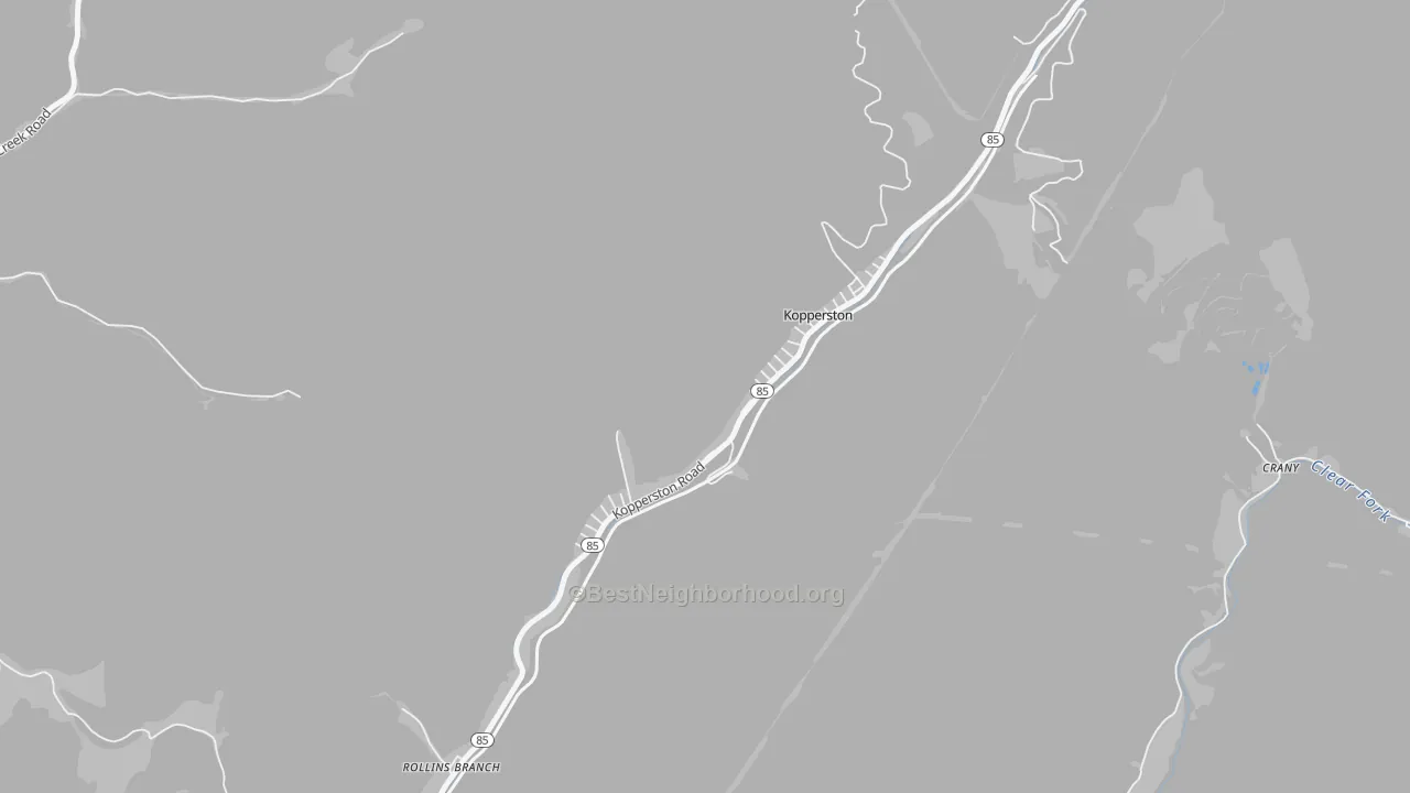 Walk Grade map of Kopperston, WV, walkable areas in green and car-dependent areas in red