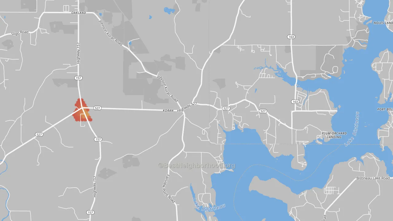 Walk Grade map of Koran, LA, walkable areas in green and car-dependent areas in red