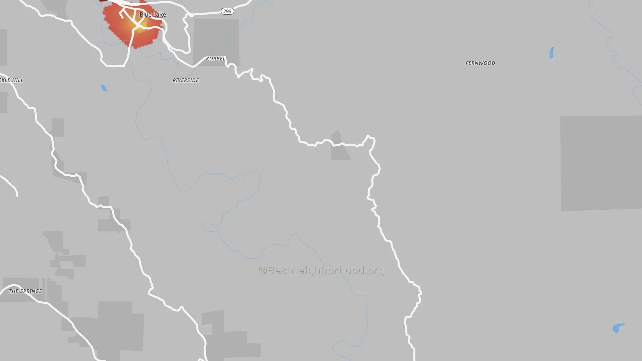 Walk Grade map of Korbel, CA, walkable areas in green and car-dependent areas in red