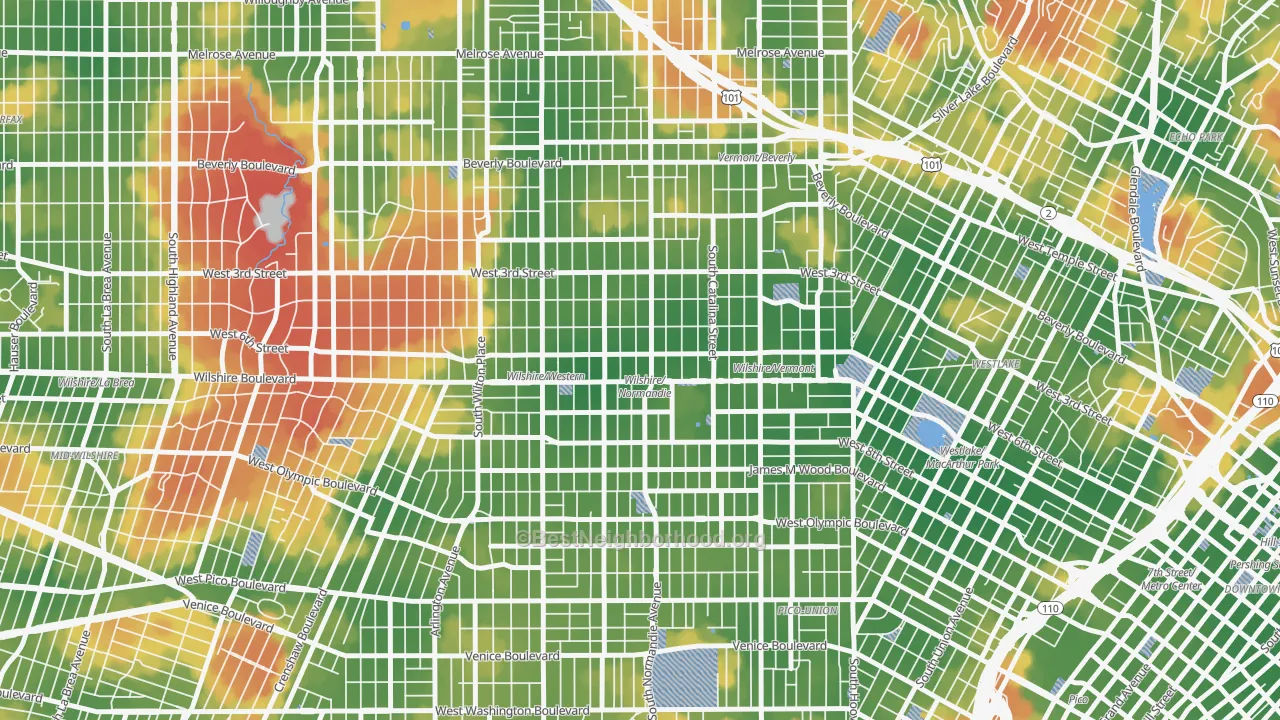 Walk Grade map of Koreatown, Los Angeles, CA, walkable areas in green and car-dependent areas in red