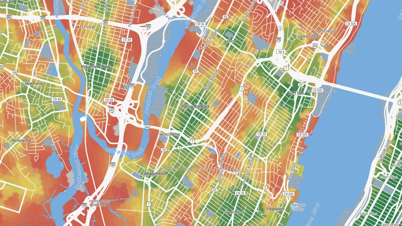 Walk Grade map of Koreatown, Palisades Park, NJ, walkable areas in green and car-dependent areas in red