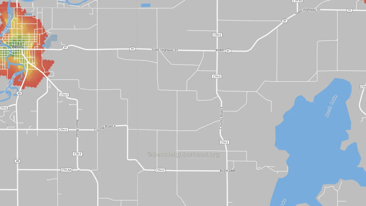 Walk Grade map of Koro, WI, walkable areas in green and car-dependent areas in red