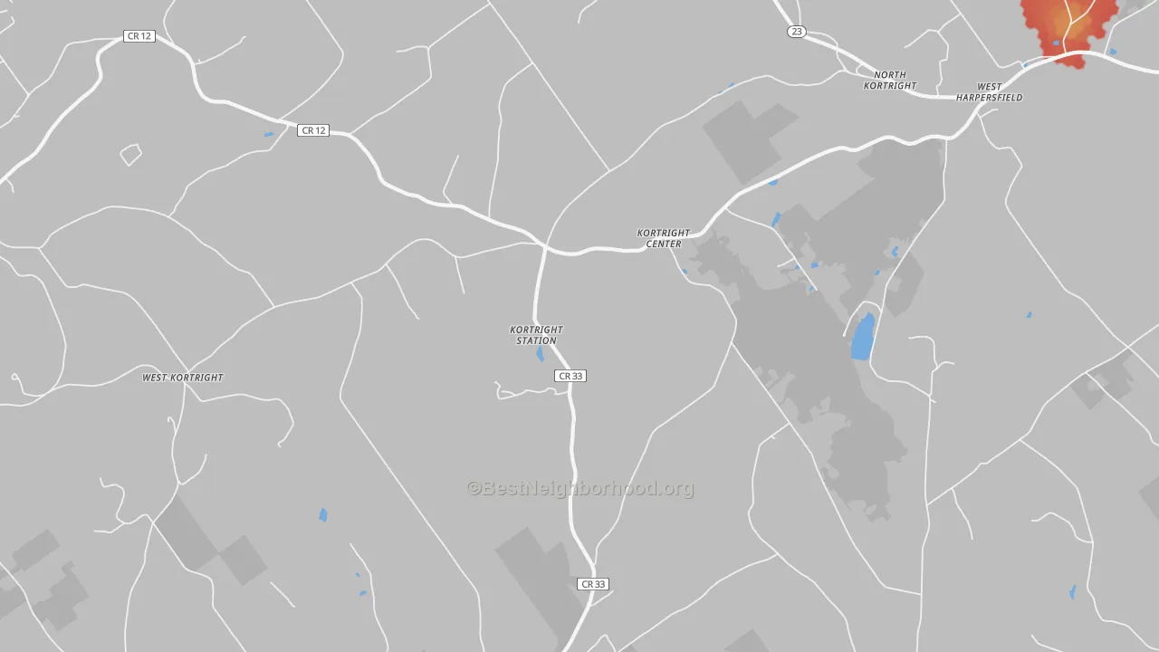 Walk Grade map of Kortright Center, NY, walkable areas in green and car-dependent areas in red