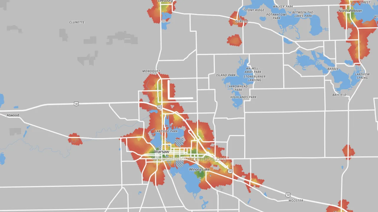 Walk Grade map of Kosciusko County, IN, walkable areas in green and car-dependent areas in red
