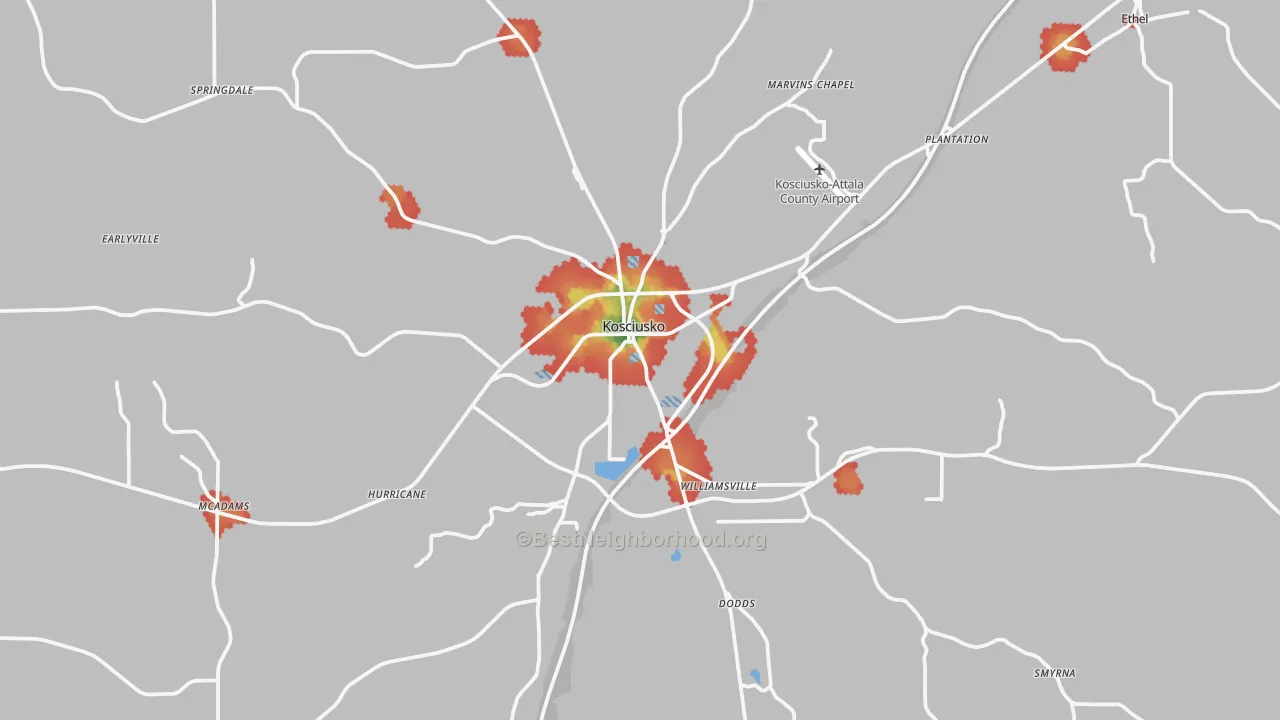 Walk Grade map of Kosciusko, MS, walkable areas in green and car-dependent areas in red
