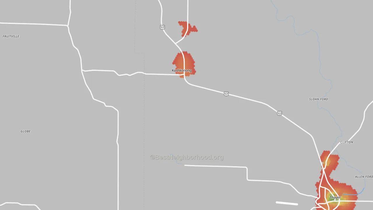 Walk Grade map of Koshkonong, MO, walkable areas in green and car-dependent areas in red