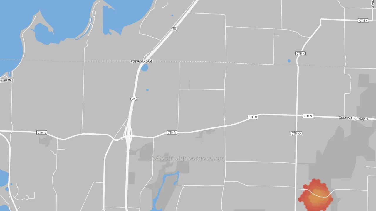 Walk Grade map of Koshkonong, WI, walkable areas in green and car-dependent areas in red
