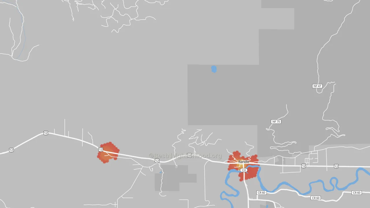 Walk Grade map of Kosmos, WA, walkable areas in green and car-dependent areas in red
