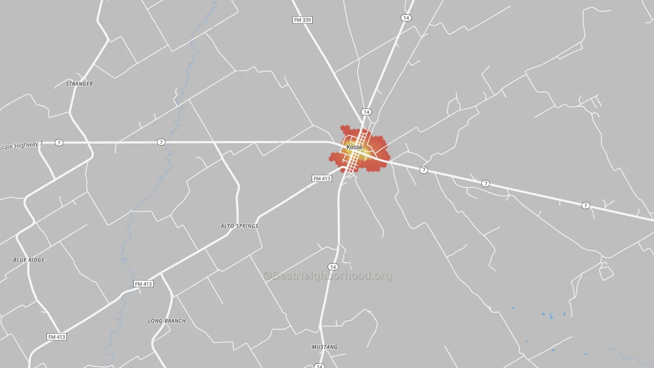 Walk Grade map of Kosse, TX, walkable areas in green and car-dependent areas in red