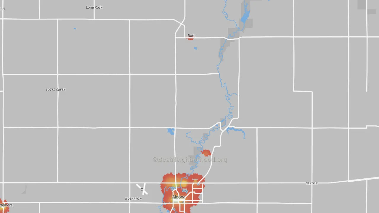 Walk Grade map of Kossuth County, IA, walkable areas in green and car-dependent areas in red