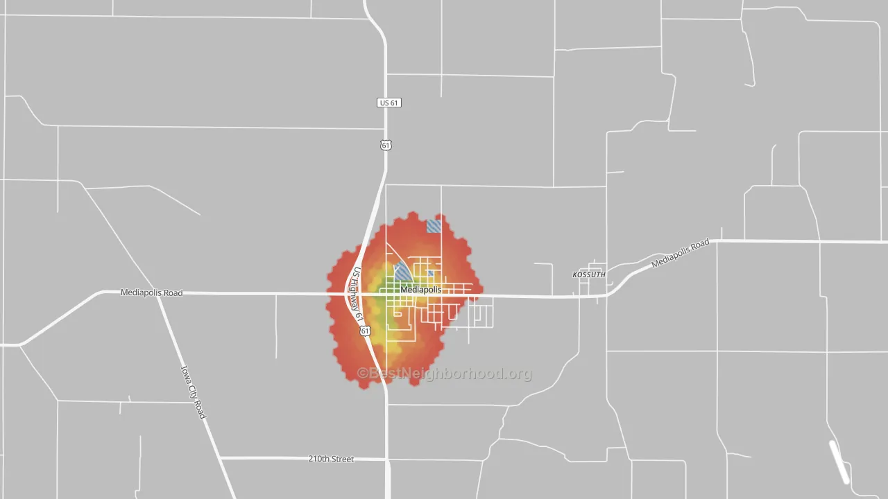Walk Grade map of Kossuth, IA, walkable areas in green and car-dependent areas in red