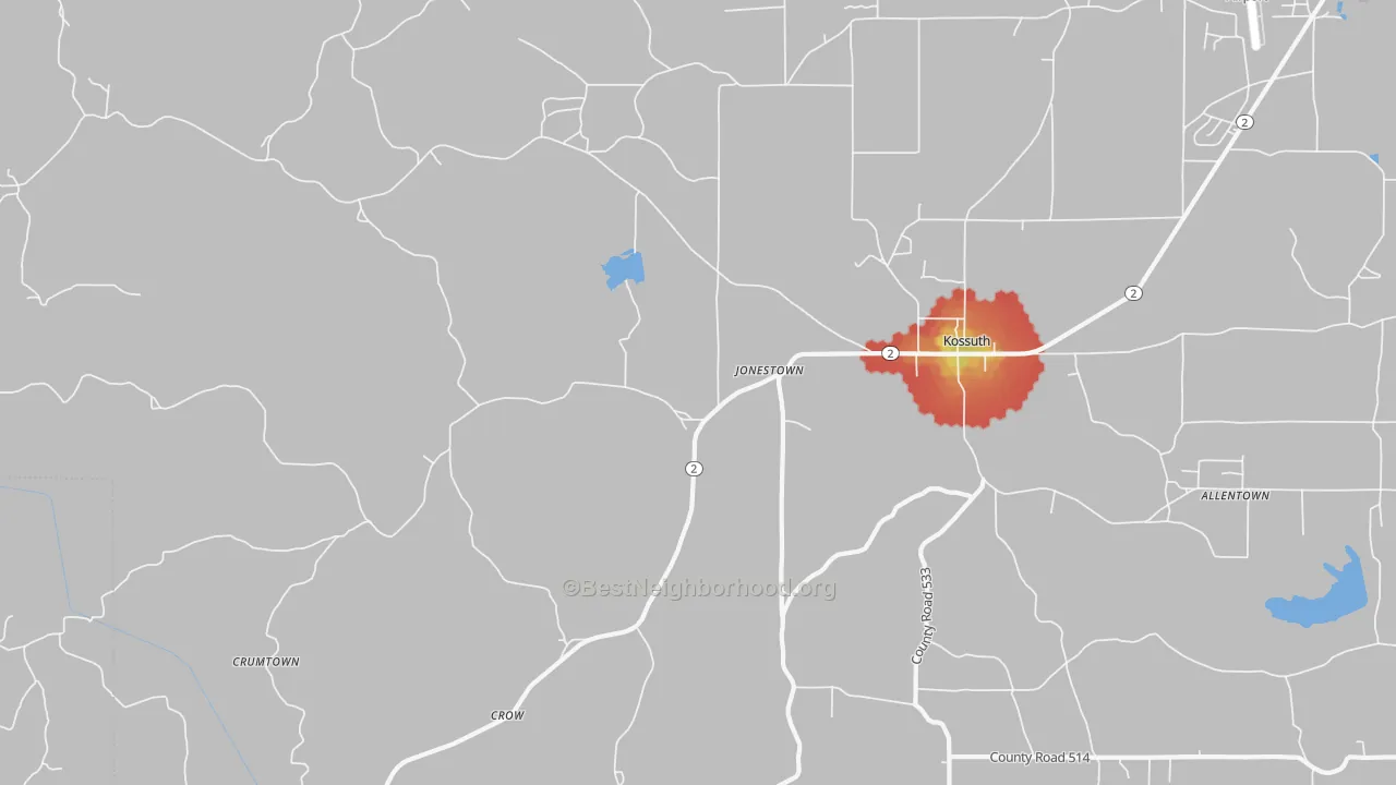 Walk Grade map of Kossuth, MS, walkable areas in green and car-dependent areas in red