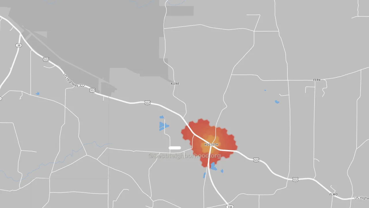 Walk Grade map of Kossuth, PA, walkable areas in green and car-dependent areas in red