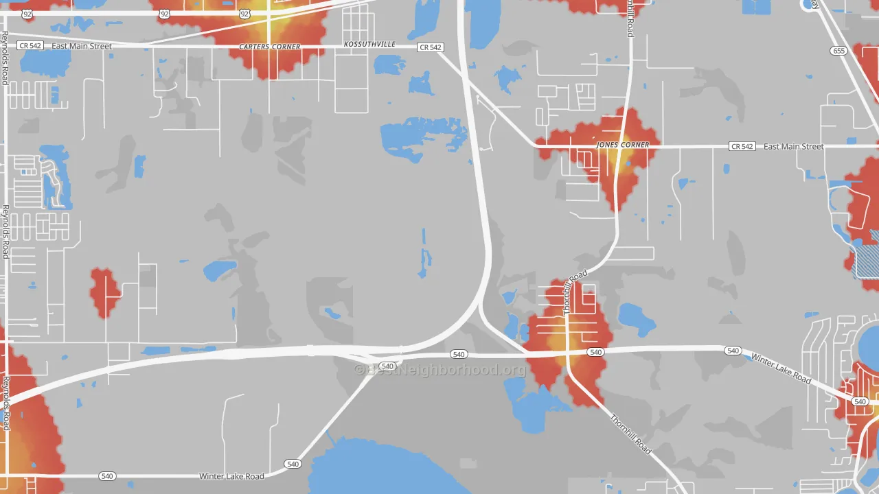 Walk Grade map of Kossuthville, FL, walkable areas in green and car-dependent areas in red