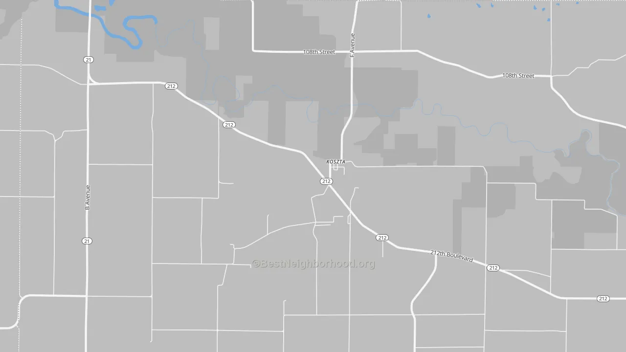 Walk Grade map of Koszta, IA, walkable areas in green and car-dependent areas in red