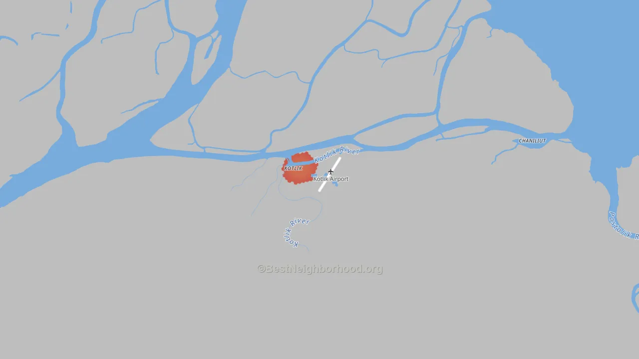 Walk Grade map of Kotlik, AK, walkable areas in green and car-dependent areas in red