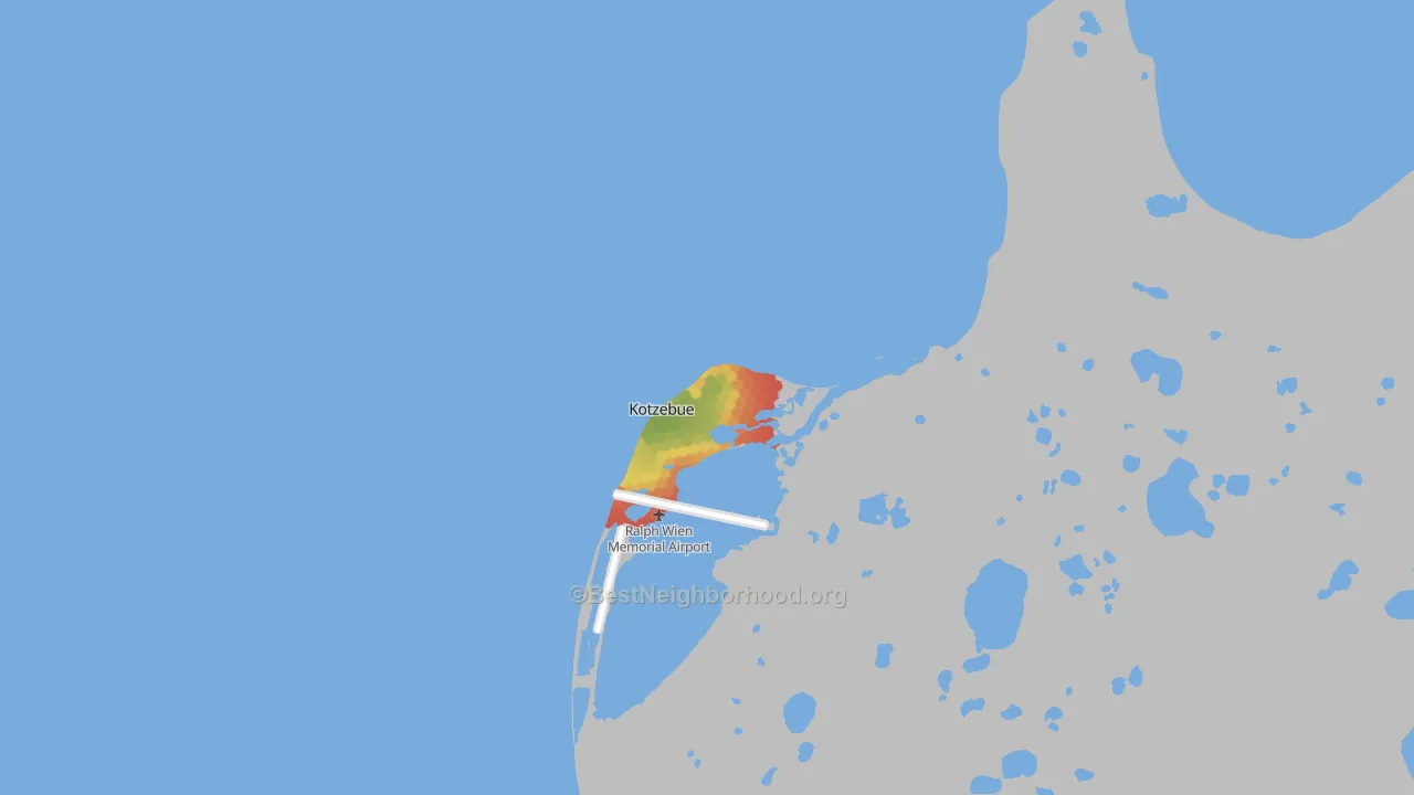 Walk Grade map of Kotzebue, AK, walkable areas in green and car-dependent areas in red