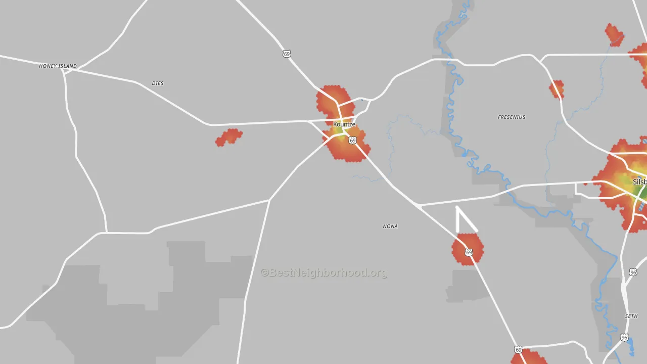 Walk Grade map of Kountze, TX, walkable areas in green and car-dependent areas in red