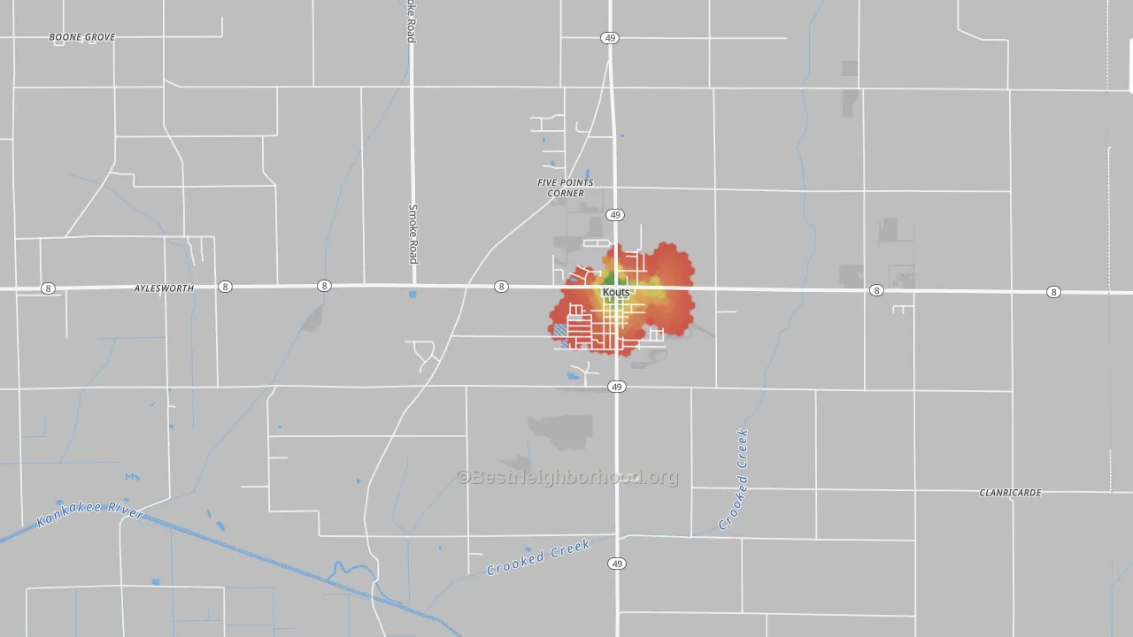 Walk Grade map of Kouts, IN, walkable areas in green and car-dependent areas in red