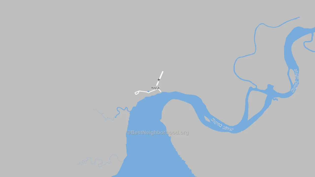 Walk Grade map of Koyuk, AK, walkable areas in green and car-dependent areas in red