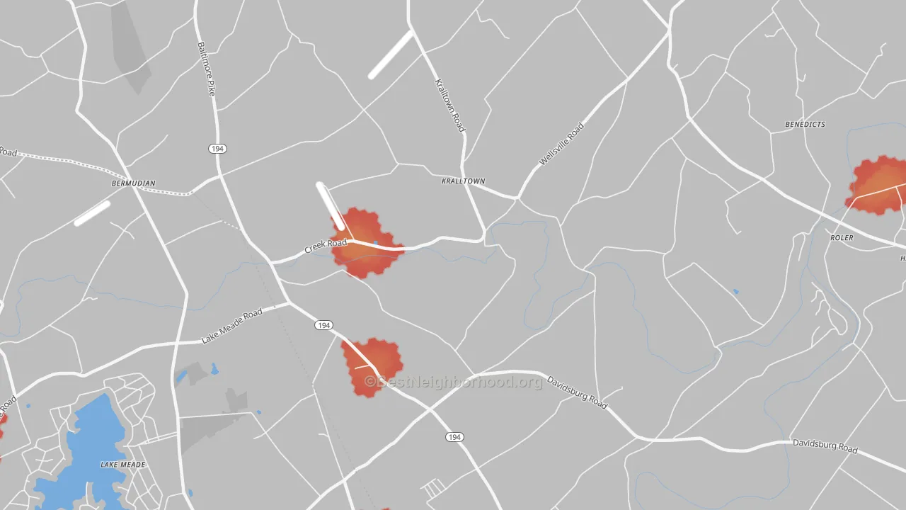 Walk Grade map of Kralltown, PA, walkable areas in green and car-dependent areas in red