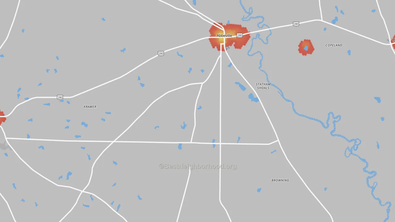 Walk Grade map of Kramer, GA, walkable areas in green and car-dependent areas in red