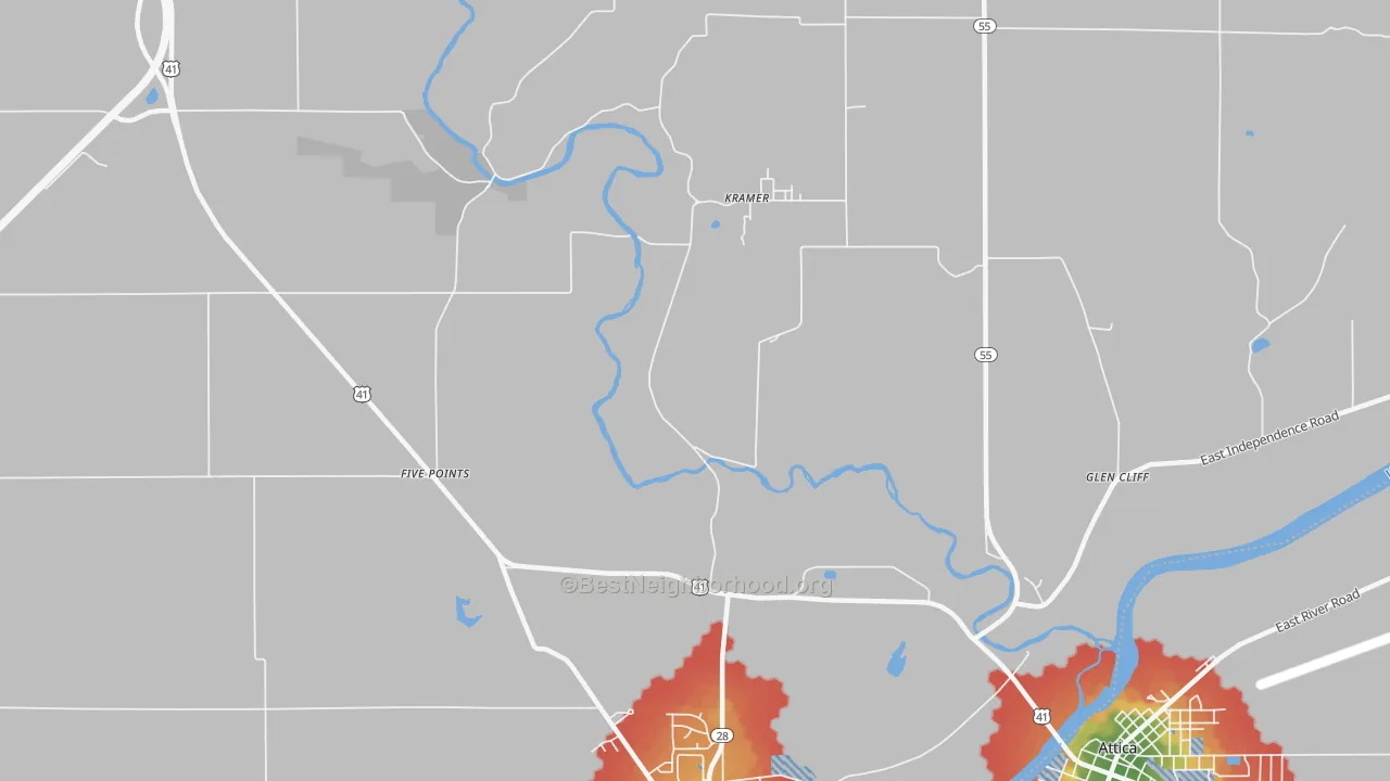 Walk Grade map of Kramer, IN, walkable areas in green and car-dependent areas in red