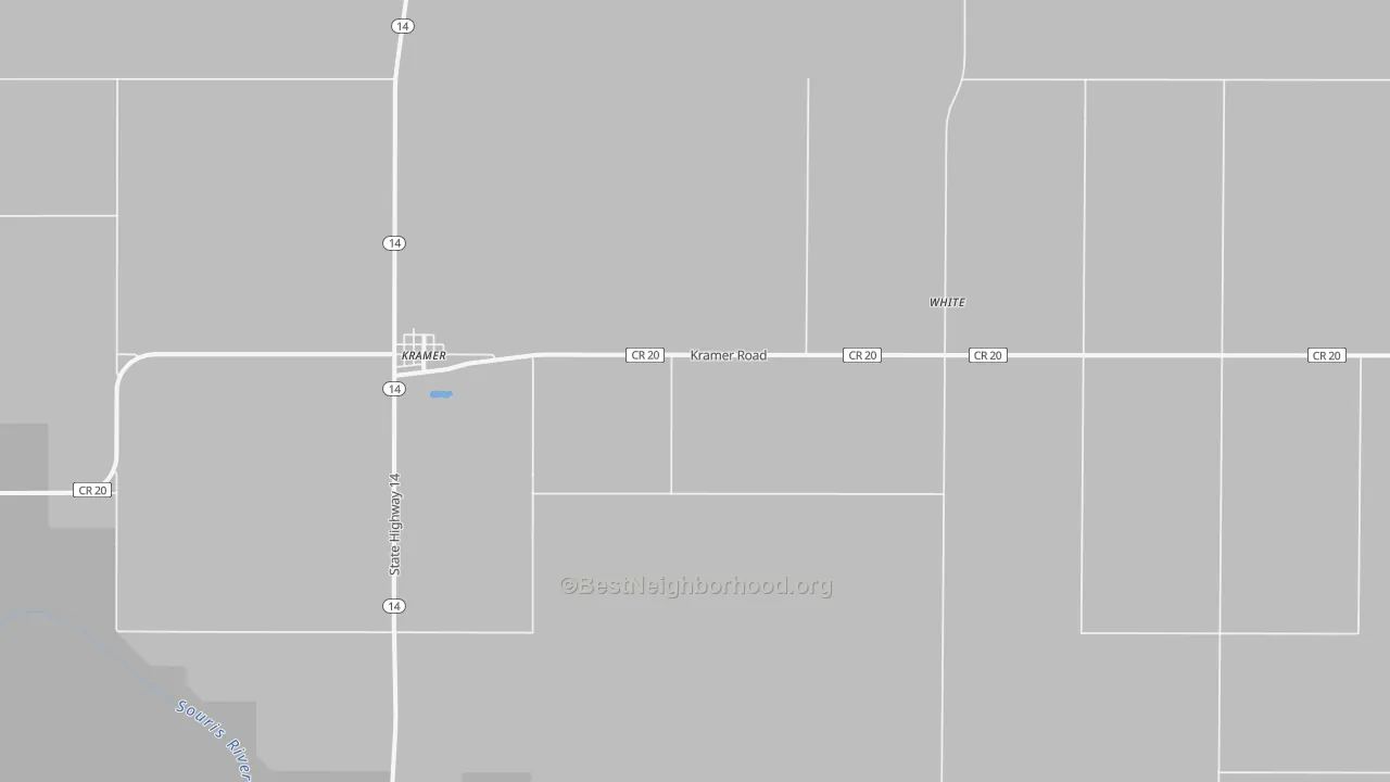 Walk Grade map of Kramer, ND, walkable areas in green and car-dependent areas in red
