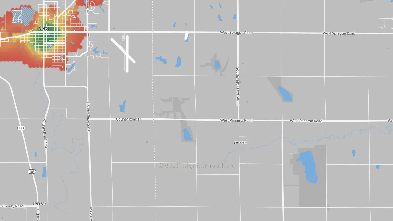 Walk Grade map of Kramer, NE, walkable areas in green and car-dependent areas in red
