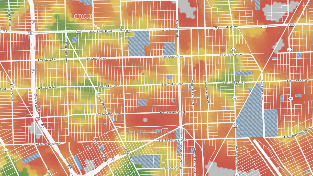 Walk Grade map of Kranz Woods, Detroit, MI, walkable areas in green and car-dependent areas in red