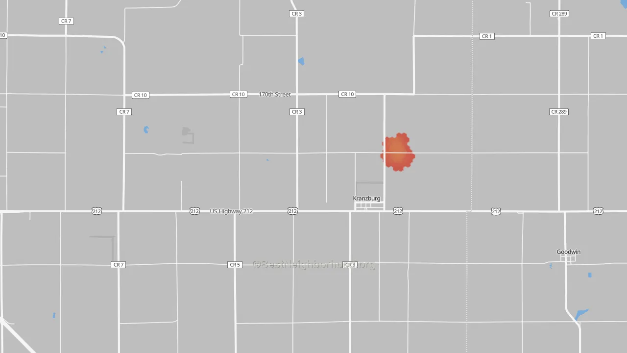Walk Grade map of Kranzburg, SD, walkable areas in green and car-dependent areas in red
