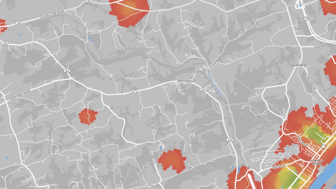 Walk Grade map of Kratzerville, PA, walkable areas in green and car-dependent areas in red