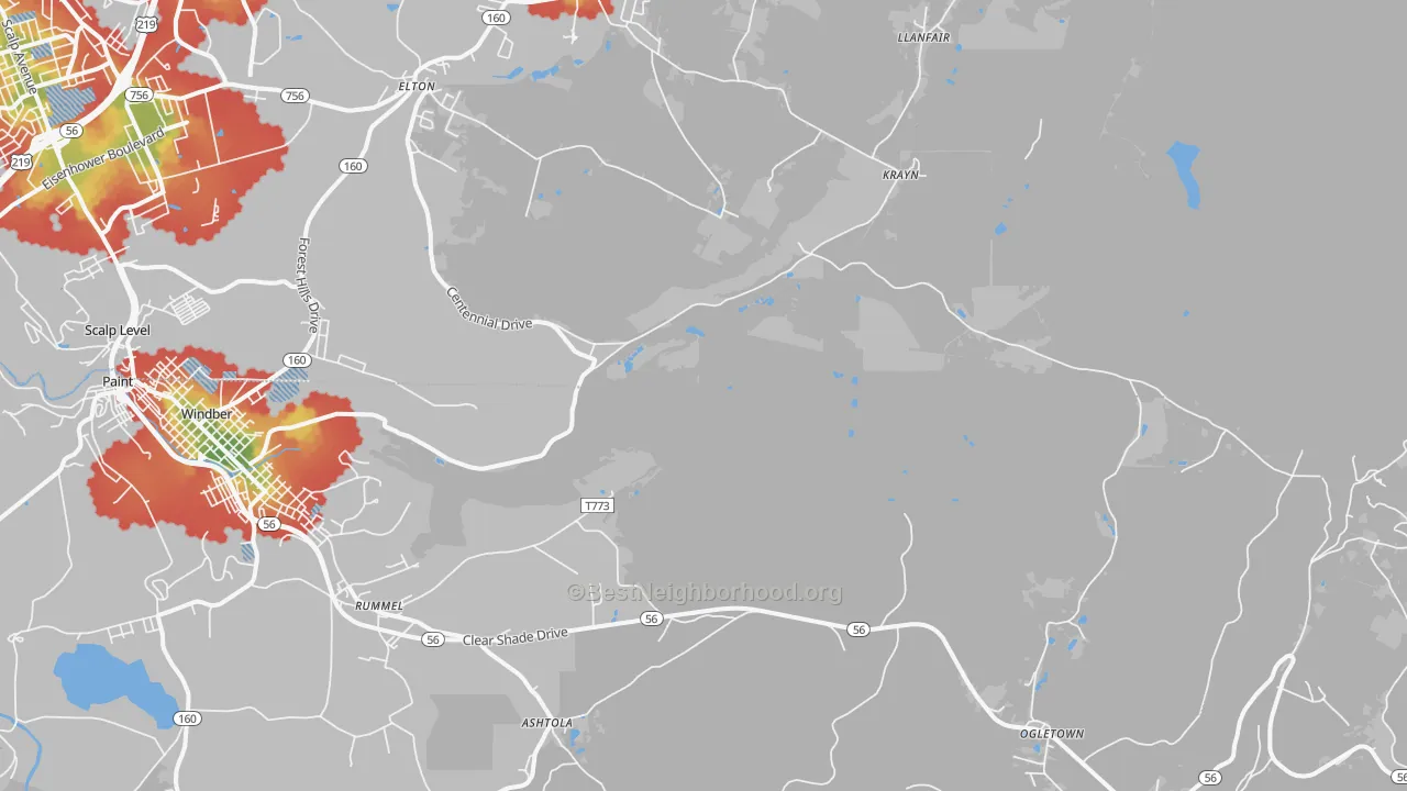 Walk Grade map of Krayn, PA, walkable areas in green and car-dependent areas in red