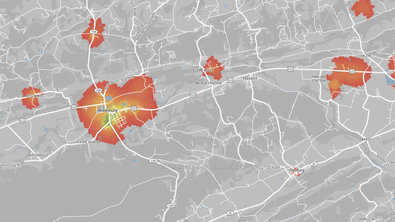 Walk Grade map of Kreamer, PA, walkable areas in green and car-dependent areas in red