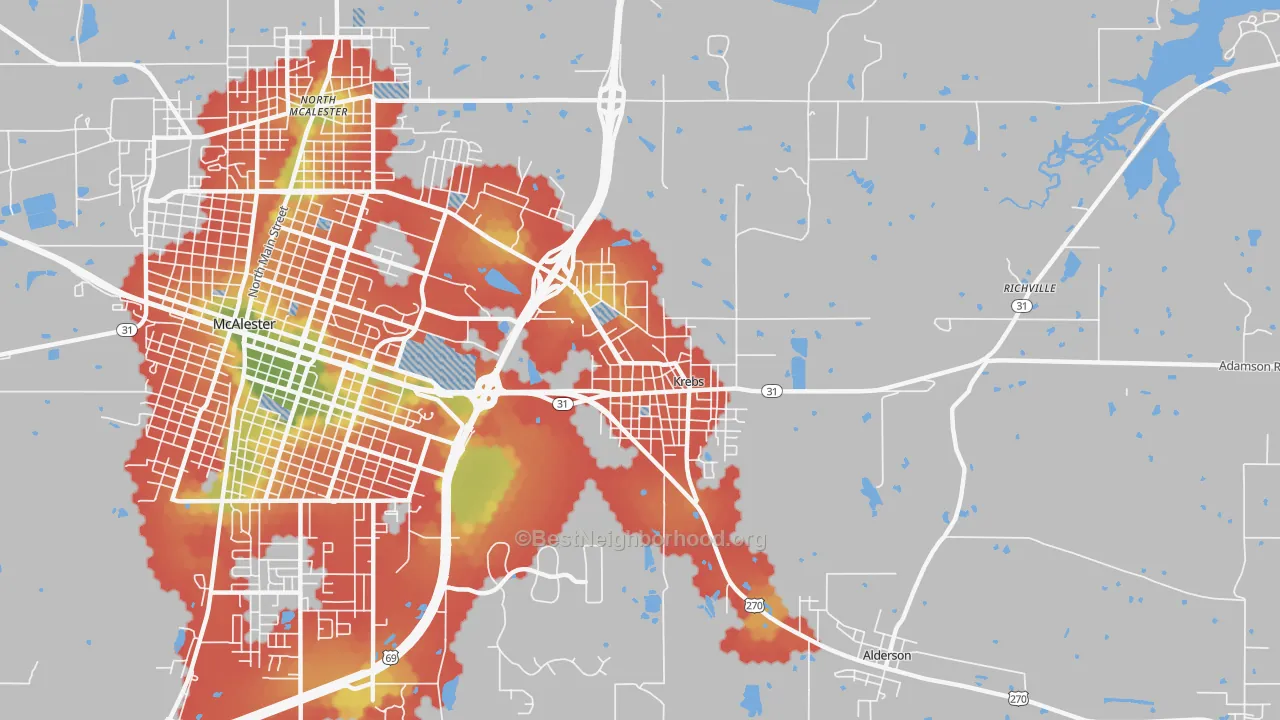 Walk Grade map of Krebs, OK, walkable areas in green and car-dependent areas in red