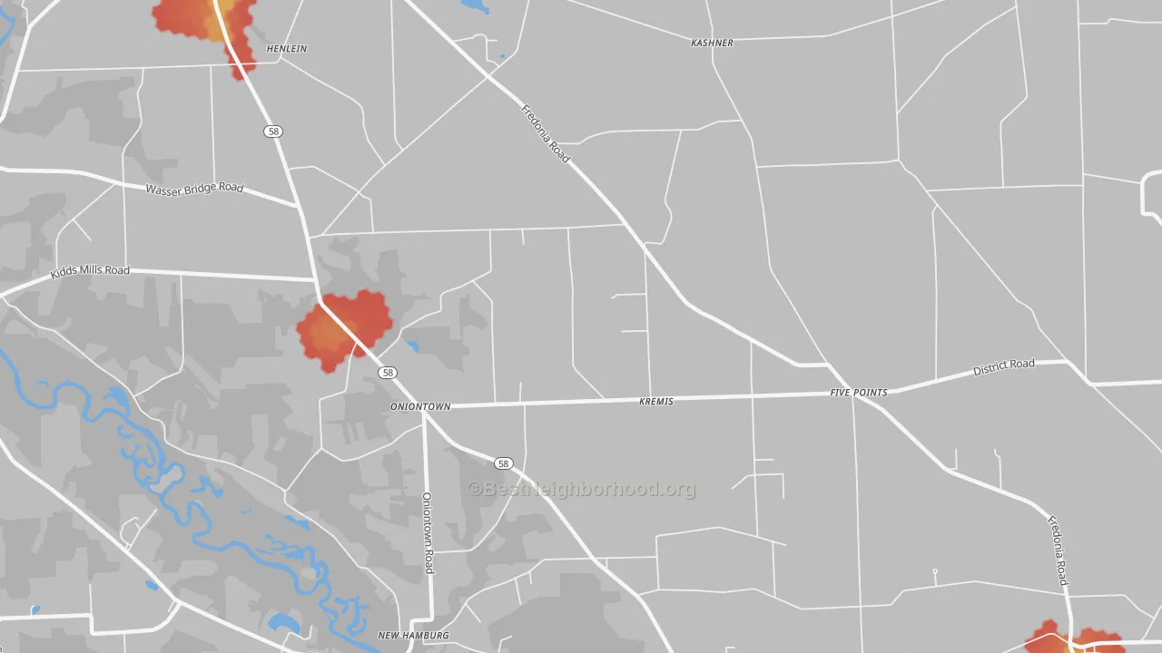 Walk Grade map of Kremis, PA, walkable areas in green and car-dependent areas in red