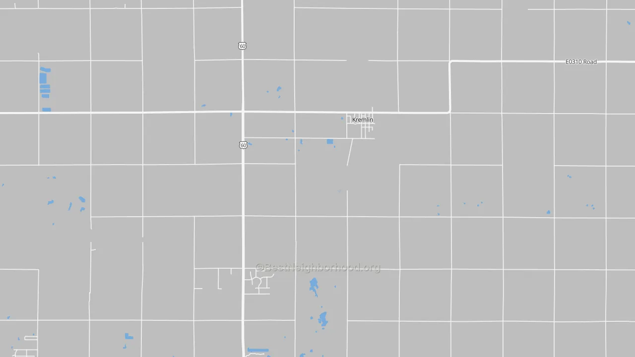 Walk Grade map of Kremlin, OK, walkable areas in green and car-dependent areas in red