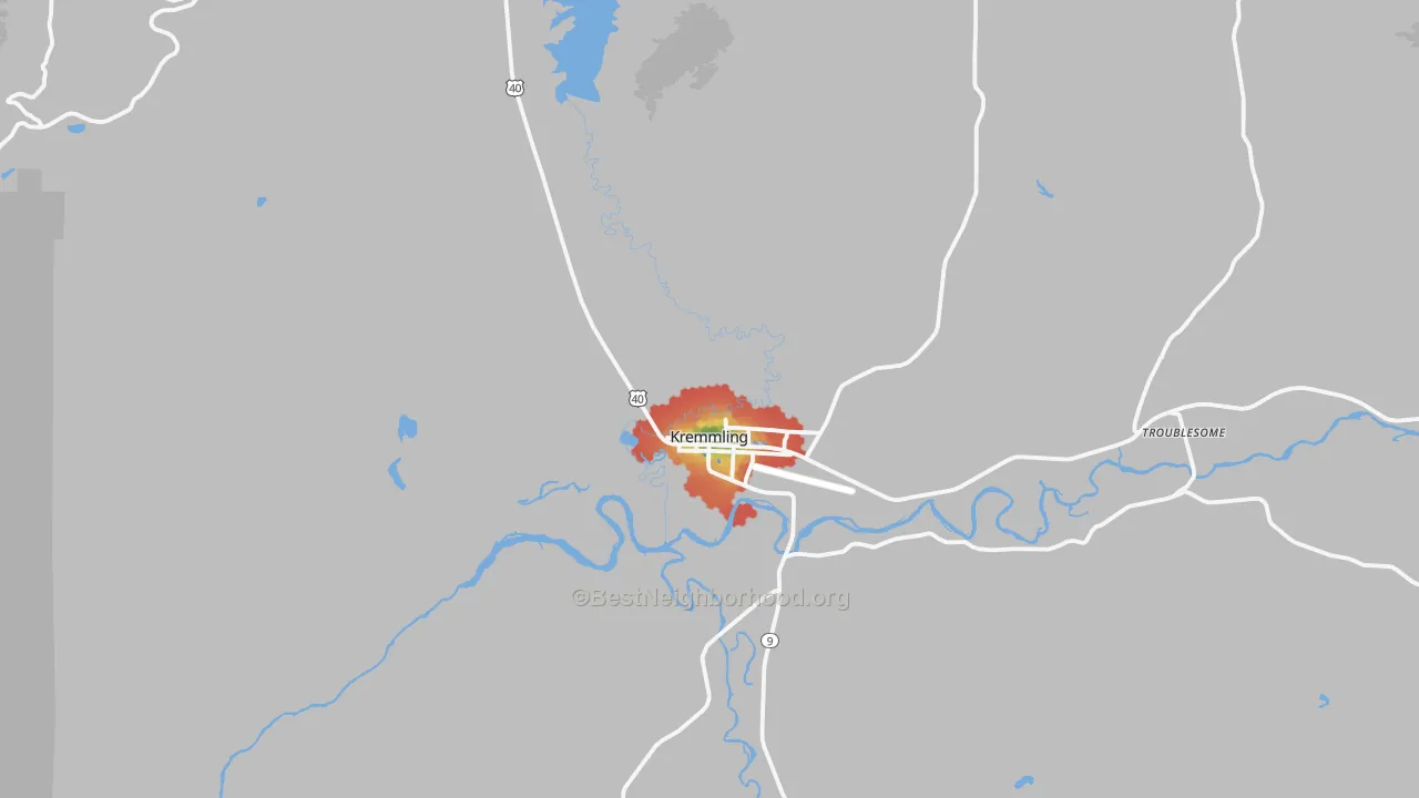Walk Grade map of Kremmling, CO, walkable areas in green and car-dependent areas in red