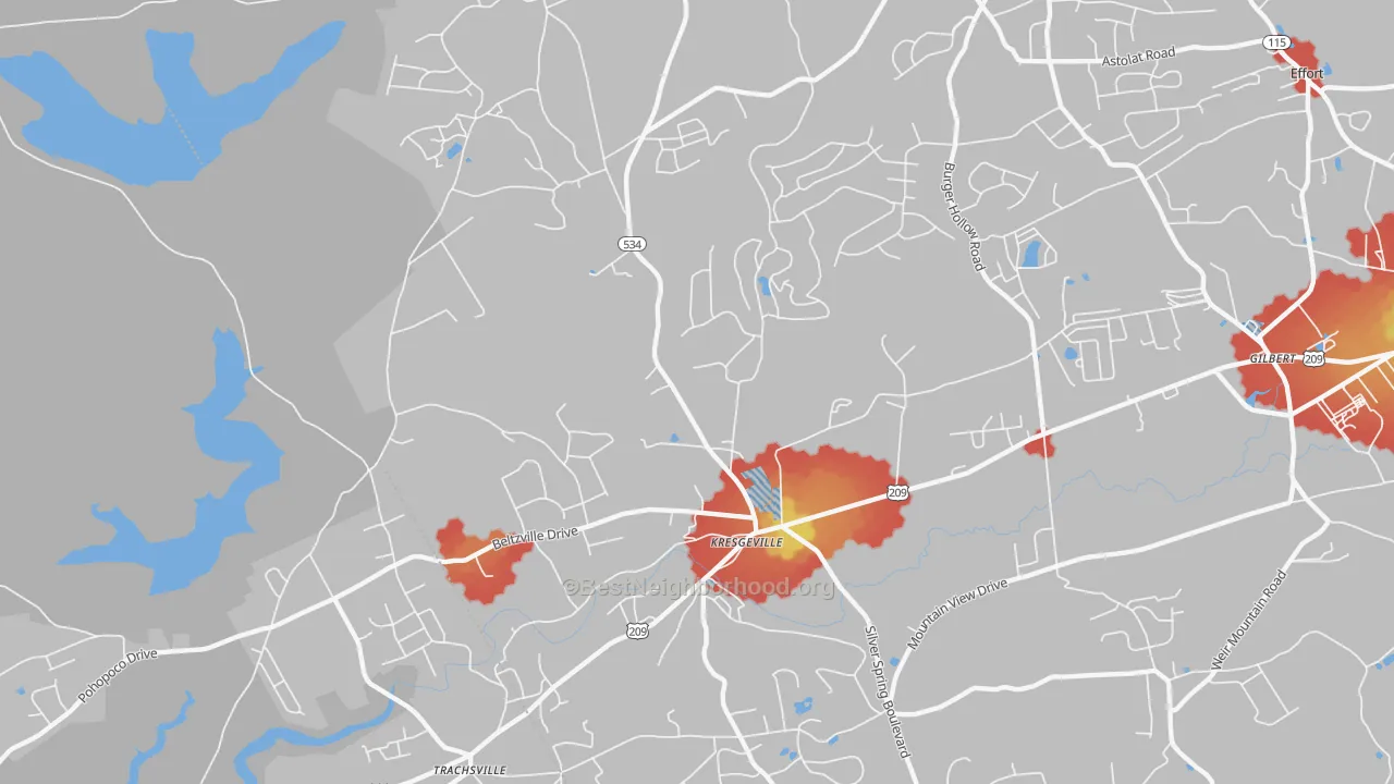 Walk Grade map of Kresgeville, PA, walkable areas in green and car-dependent areas in red