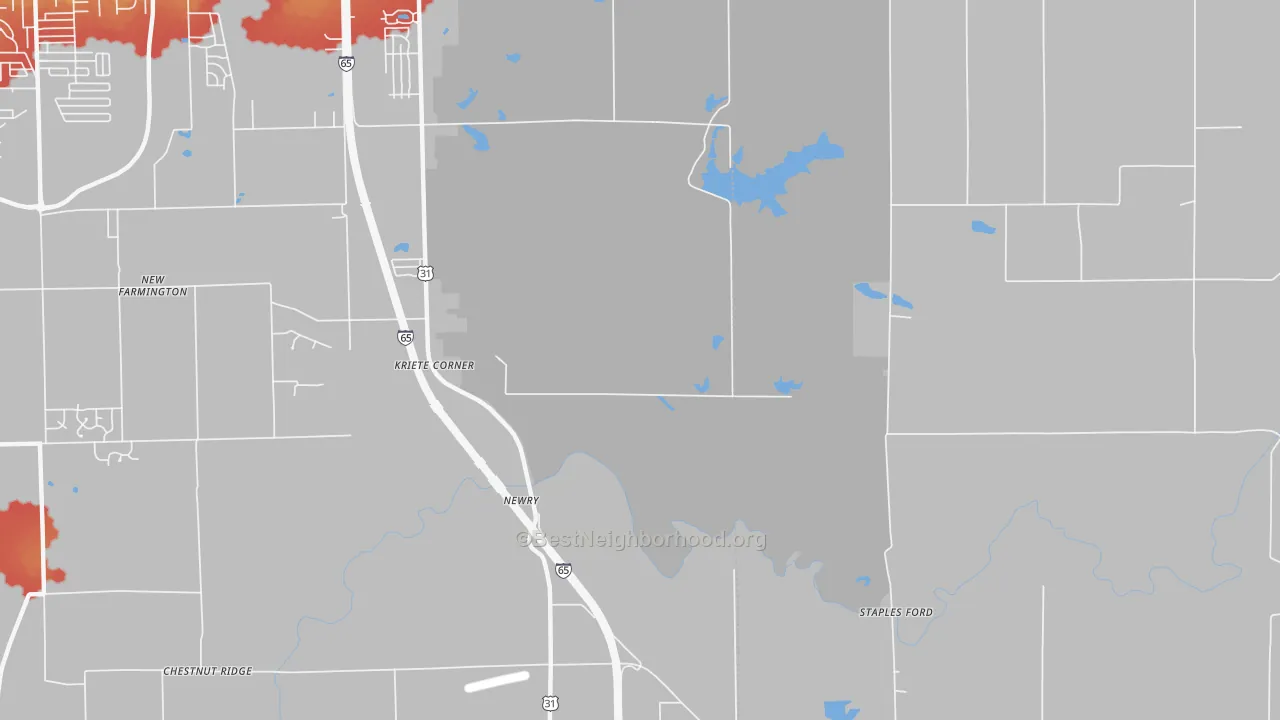 Walk Grade map of Kriete Corners, IN, walkable areas in green and car-dependent areas in red